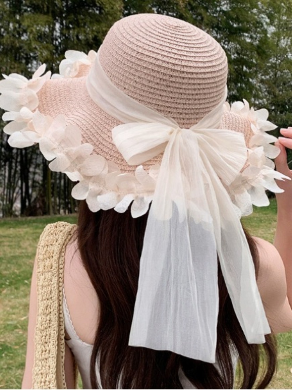 Women's Pink Floral Ribbon Sun Hat with Chiffon Bow